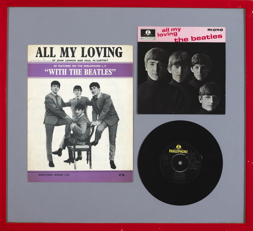 The Beatles: Framed 45s including 'All My Loving' and other memorabilia at Whyte's Auctions