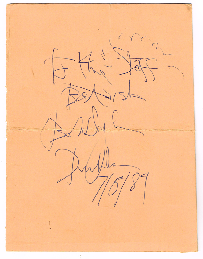 Bob Dylan: Autographed menu from Dublin visit, 7 August 1989 at Whyte's Auctions