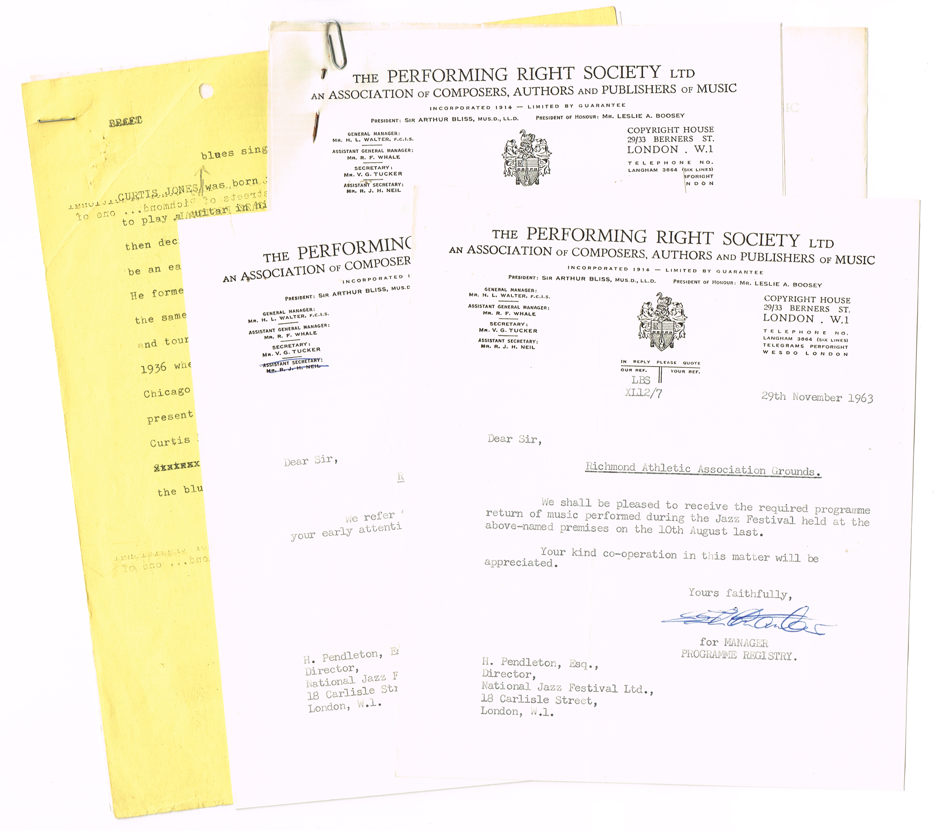 Curtis Jones: Richmond Jazz Festival contract documents and letters at Whyte's Auctions