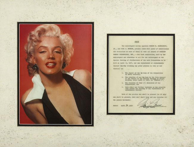 Marilyn Monroe: An important signed proxy agreement, 10 April 1957 at Whyte's Auctions