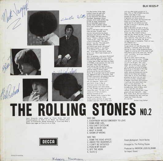 The Rolling Stones: 'No. 2' album record sleeve with autographs of all five band members at Whyte's Auctions
