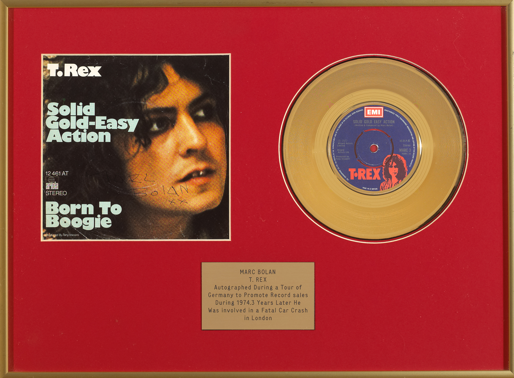 T. Rex: 'Sold Gold-Easy Action' '45 autographed by Marc Bolan 1974 at Whyte's Auctions