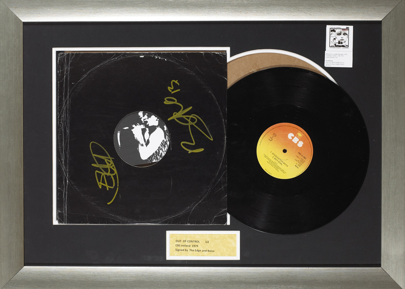 U2: 'Out Of Control' 12 vinyl record signed on the sleeve by Bono and The Edge" at Whyte's Auctions