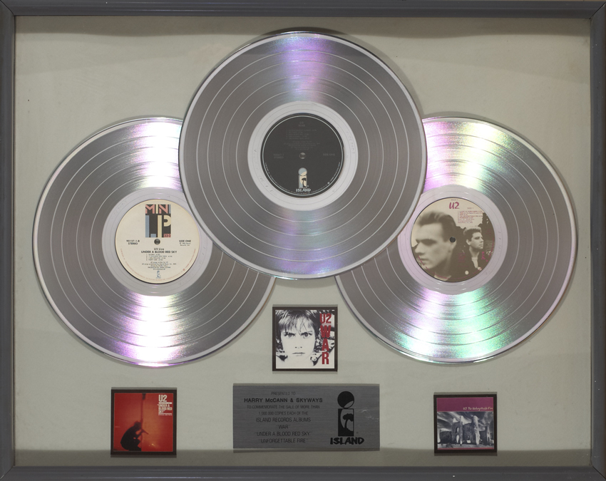 U2: Island Records presentation 'platinum' discs for the albums 'The Unforgettable Fire', 'Under a Blood Red Sky' and 'War' 1984 at Whyte's Auctions