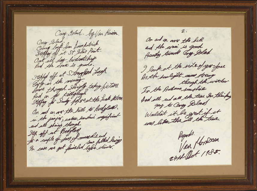Van Morrison: Coney Island manuscript lyrics signed and dated 24 October 1985 at Whyte's Auctions