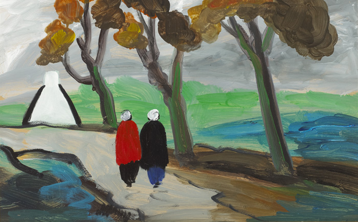 TWO SHAWLIES ON A PATH WITH COTTAGE BEYOND by Markey Robinson (1918-1999) (1918-1999) at Whyte's Auctions