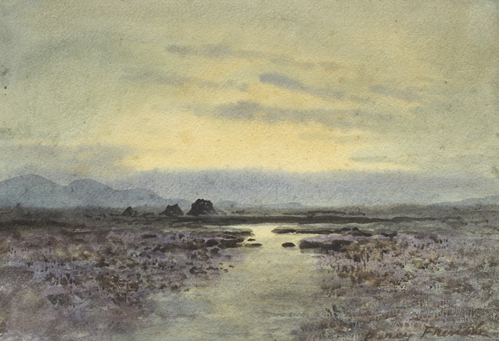 BOG LANDSCAPE WITH PURPLE HEATHER and LANDSCAPE WITH TURFSTACKS (A PAIR) by William Percy French (1854-1920) (1854-1920) at Whyte's Auctions