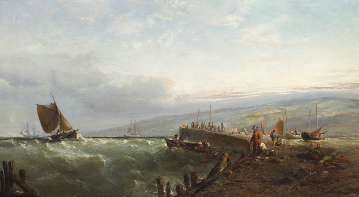 FISHING BOAT APPROACHING A PIER IN HEAVY SEAS, 1860 by Edwin Hayes RHA RI ROI (1819-1904) at Whyte's Auctions