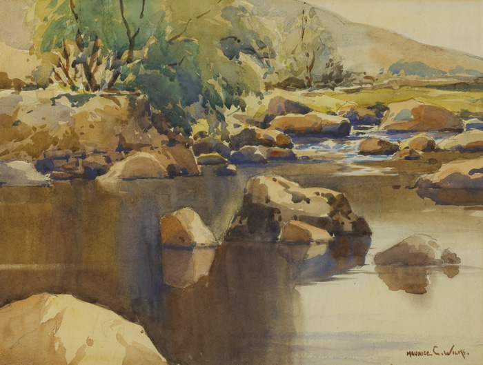 VIEW OF A STREAM WITH MOUNTAINS BEYOND by Maurice Canning Wilks RUA ARHA (1910-1984) RUA ARHA (1910-1984) at Whyte's Auctions