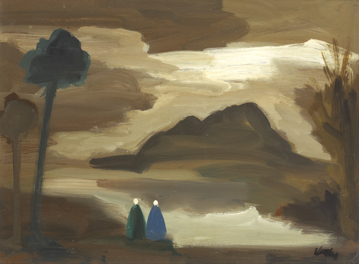 TWO SHAWLIES IN BROWN LANDSCAPE WITH MOUNTAIN BEYOND by Markey Robinson (1918-1999) at Whyte's Auctions