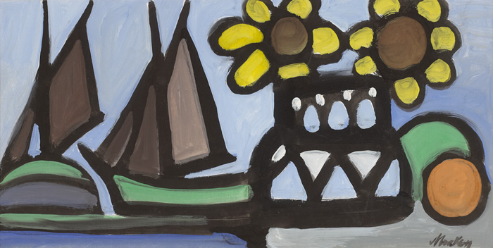 STILL LIFE WITH SUNFLOWERS AND BOATS by Markey Robinson (1918-1999) (1918-1999) at Whyte's Auctions