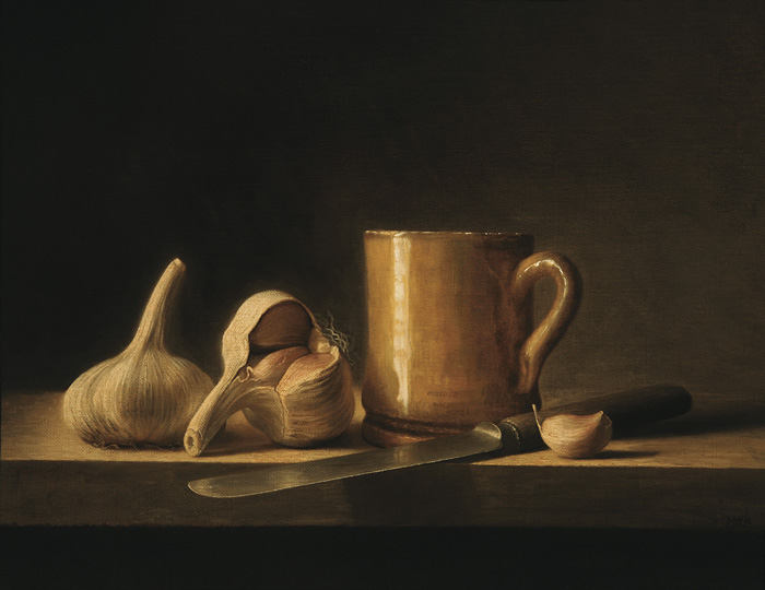 STILL LIFE WITH GARLIC AND YELLOW MUG by Stuart Morle (b.1960) at Whyte's Auctions
