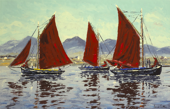 GALWAY HOOKERS BECALMED IN ROUNDSTONE BAY, COUNTY GALWAY by Ivan Sutton (b.1944) at Whyte's Auctions