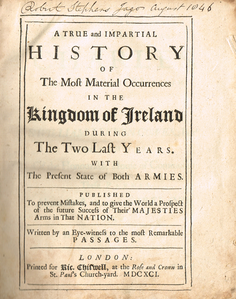 Story, George Walter: A True and Impartial History of the Most Material Occurrences in The Kingdom of Ireland. 1693 at Whyte's Auctions