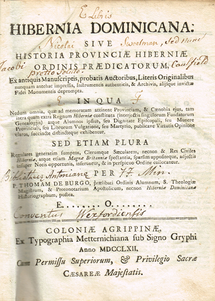 Thomas Burke: Hibernia Dominicana sive Historia Provinciae Hiberniae Ordinis Praedicatorum... at Whyte's Auctions