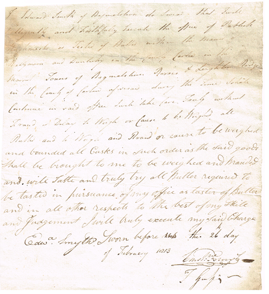 1813 (26 February) Carlow Butter Taster appointment statement at Whyte's Auctions