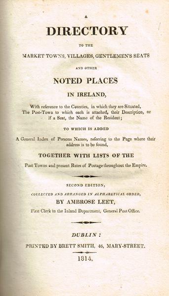 1814: Leet's '...Directory to the Market Towns, Villages, Gentlemen's seats and Other Places in Ireland...' at Whyte's Auctions