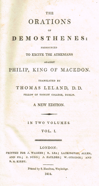 Daniel O'Connell's signed copy of Leland's 'Orations of Demosthenes...' at Whyte's Auctions