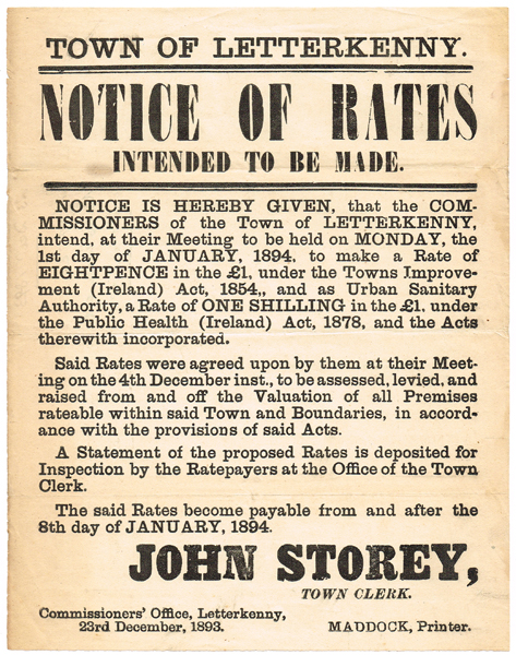 1893 (23 December) Town of Letterkenny Notice of Rates at Whyte's Auctions