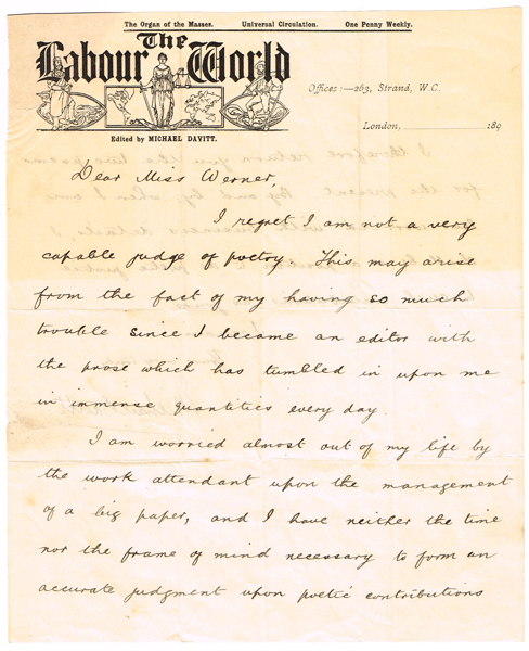 Circa 1890 Michael Davitt letter as editor of Labour World at Whyte's Auctions