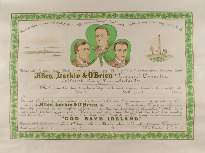 Circa 1890. Allen Larkin & O'Brien (Manchester Martyrs") Memorial, Kilrush, Co. Clare, certificate of subscription" at Whyte's Auctions