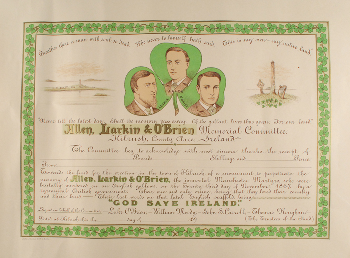 1890s: Allen Larkin & O'Brien (Fenian Martyrs") subscription certificate" at Whyte's Auctions