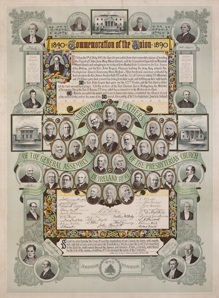 1890: Commemoration of the Union of the Presbyterian Church in Ireland poster at Whyte's Auctions