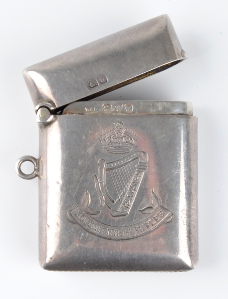 1920: London Irish Rifles silver vesta case at Whyte's Auctions