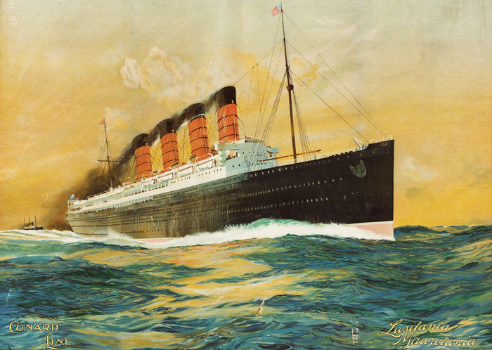 Circa 1910: Lusitania and Mauritania Cunard Line poster at Whyte's Auctions