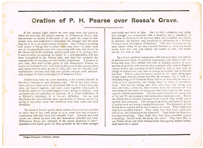 circa 1915: 'Oration of P. H. Pearse over Rossa's Grave' handbill at Whyte's Auctions