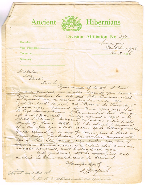 1916: Ancient Order of Hibernians correspondence relating to the purchase of a banner at Whyte's Auctions