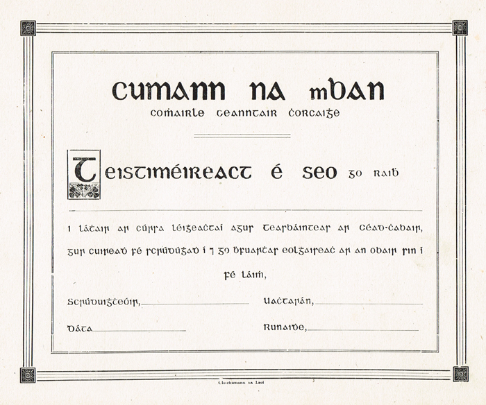 circa 1920: Cork Cumann na mBan first aid certificate at Whyte's Auctions