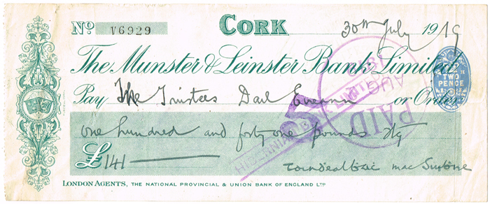 1919: Terence MacSwiney handwritten and signed cheque at Whyte's Auctions