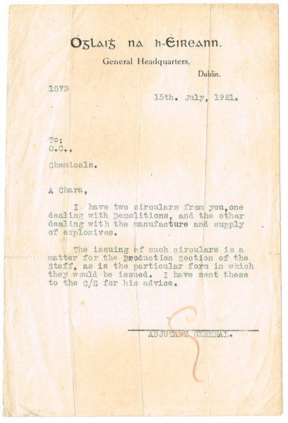 1921 (15 July) glaigh na hireann General Headquarters letter from Gearid O'Sullivan at Whyte's Auctions