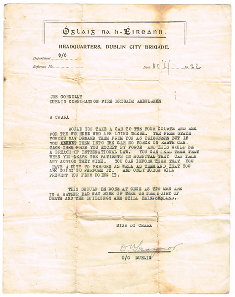 1922 (30 June) Oscar Traynor letter to Dublin Fire Brigade regarding the evacuation of casualties from the Four Courts at Whyte's Auctions