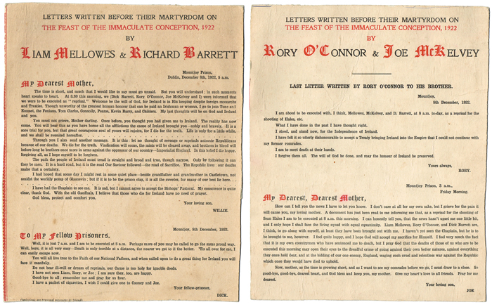 1922 (8 December) Mellowes, Barrett, O'Connor and McKelvey last letters prints at Whyte's Auctions