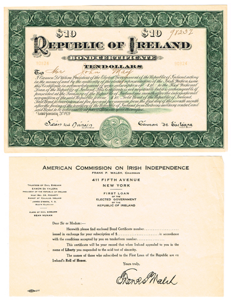 1920 (21 January) Republic of Ireland Ten Dollars Bond issued by Eamon de Valera with accompanying documents. at Whyte's Auctions