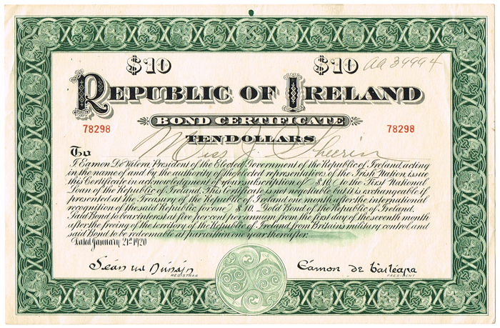 1920 (21 January) Republic of Ireland Ten Dollars Bond issued by Eamon de Valera at Whyte's Auctions