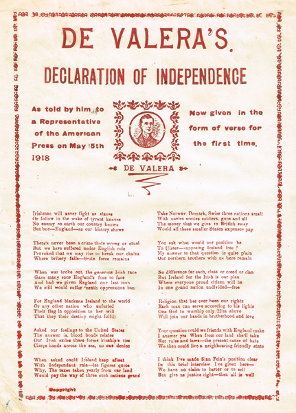 De Valera, Eamon. De Valera's declaration of Independence as Told By Him to a Representative of the American Press on May 5th 1918. at Whyte's Auctions
