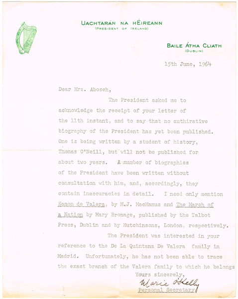 1964-69. Eamon De Valera. Letters on Uachtaran Na hEireann Letterheaded Paper, Christmas Card at Whyte's Auctions