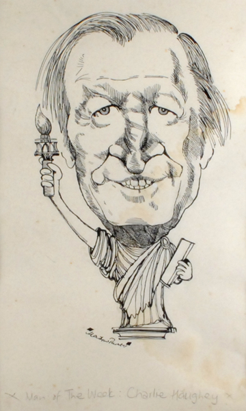 circa 1990: Irish Times published caricature of Charlie Haughey at Whyte's Auctions