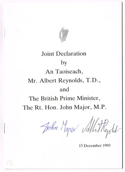1993 (15 December) Signed copy of the Joint Declaration by Albert Reynolds and John Major at Whyte's Auctions