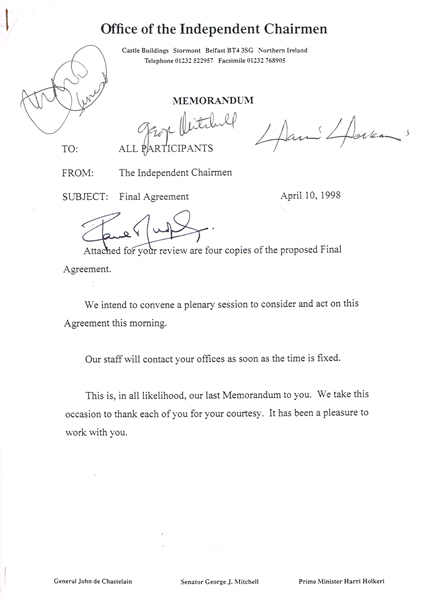 1998 (10 April) Official final Good Friday Agreement with signatures of participants in the talks at Whyte's Auctions