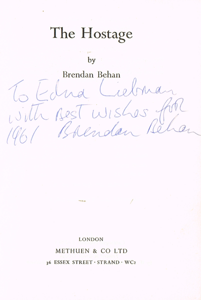 Brendan Behan. The Hostage, signed and dedicated by the author. at Whyte's Auctions