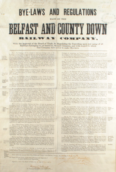 1874 (20 July) Belfast and County Down Railway Company bye-laws parchment at Whyte's Auctions