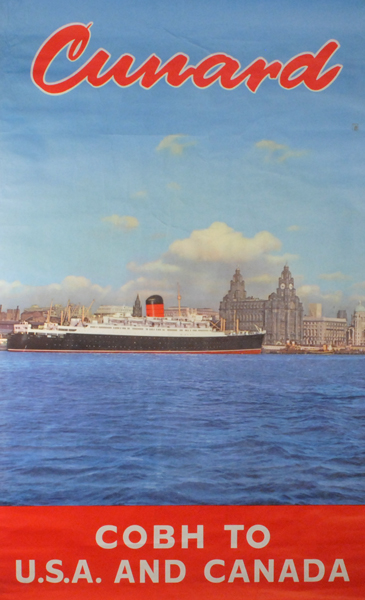 circa 1960s: Cunard Line 'Cobh to U.S.A. and Canada' poster at Whyte's Auctions