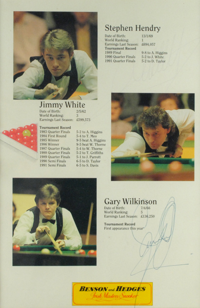 Snooker. Signed 1992 Irish Masters programme cut-out. at Whyte's Auctions