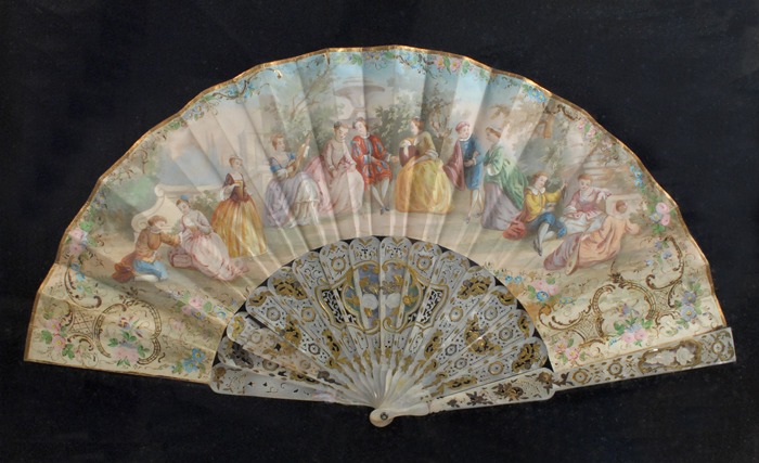 19th Century: French paper fan on mother of pearl and gilt sticks at Whyte's Auctions