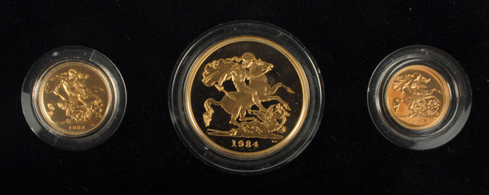 Elizabeth II gold five pounds, sovereign and half sovereign 1984 proof set. at Whyte's Auctions
