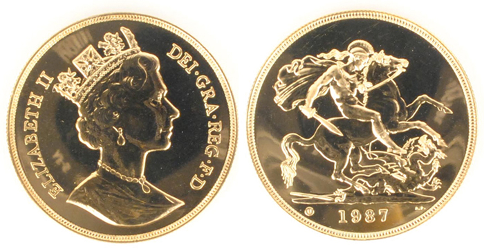 Elizabeth II gold five pounds 1987. at Whyte's Auctions